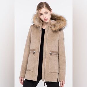 RudSak Size XL Jacket Wool Blend Coat Racoon Fur Lined Hood in Camel Brown